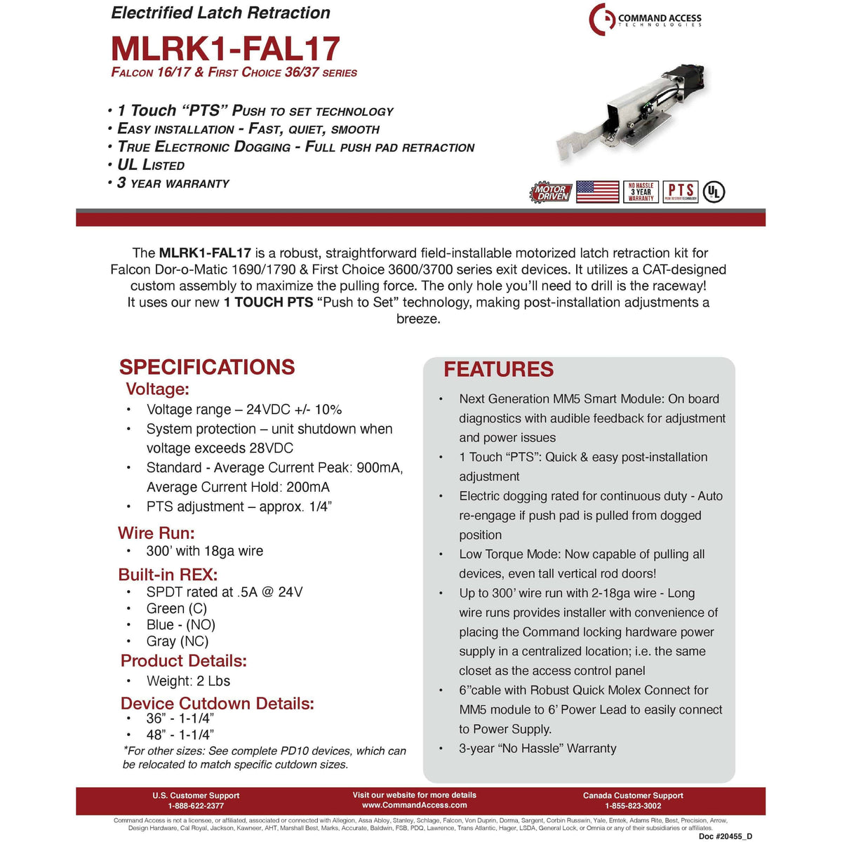 Command Access MLRK1-FAL17 electrified motor driven latch retraction kit  for Falcon 1690 and 1790 series exit devices